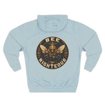 Light blue hoodie with a bee-themed graphic and text on the back against a white background