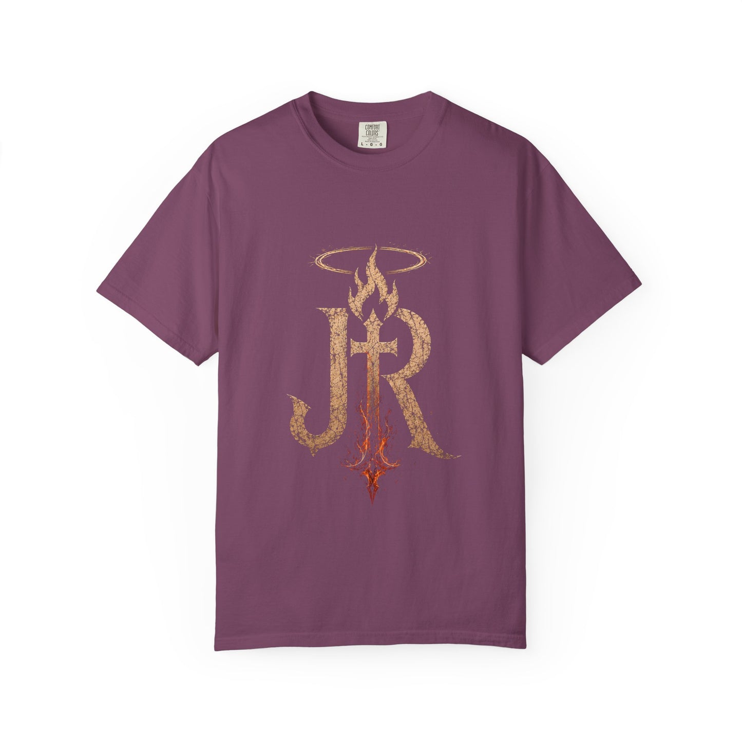 Maroon t-shirt with graphic design and text on a white background
