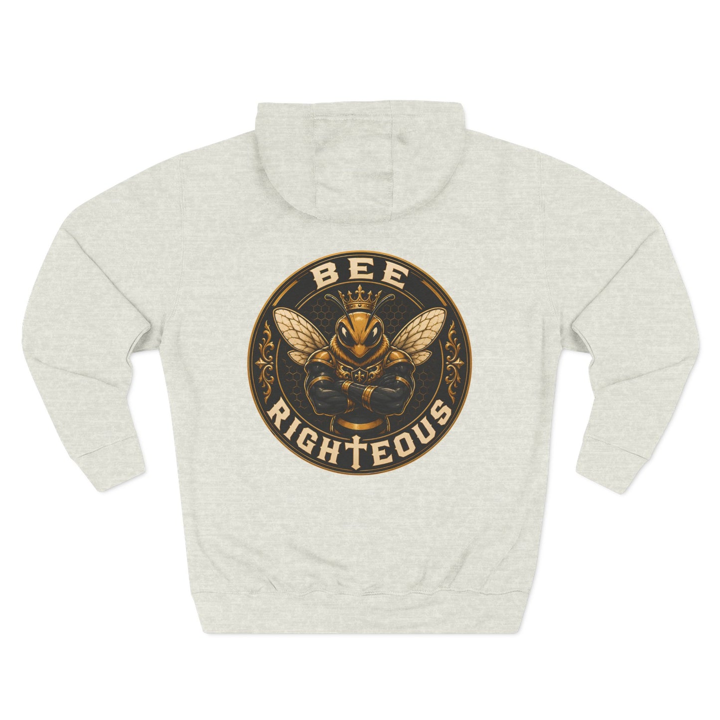Light gray hoodie with 'BEE RIGHTEOUS' graphic on a white background