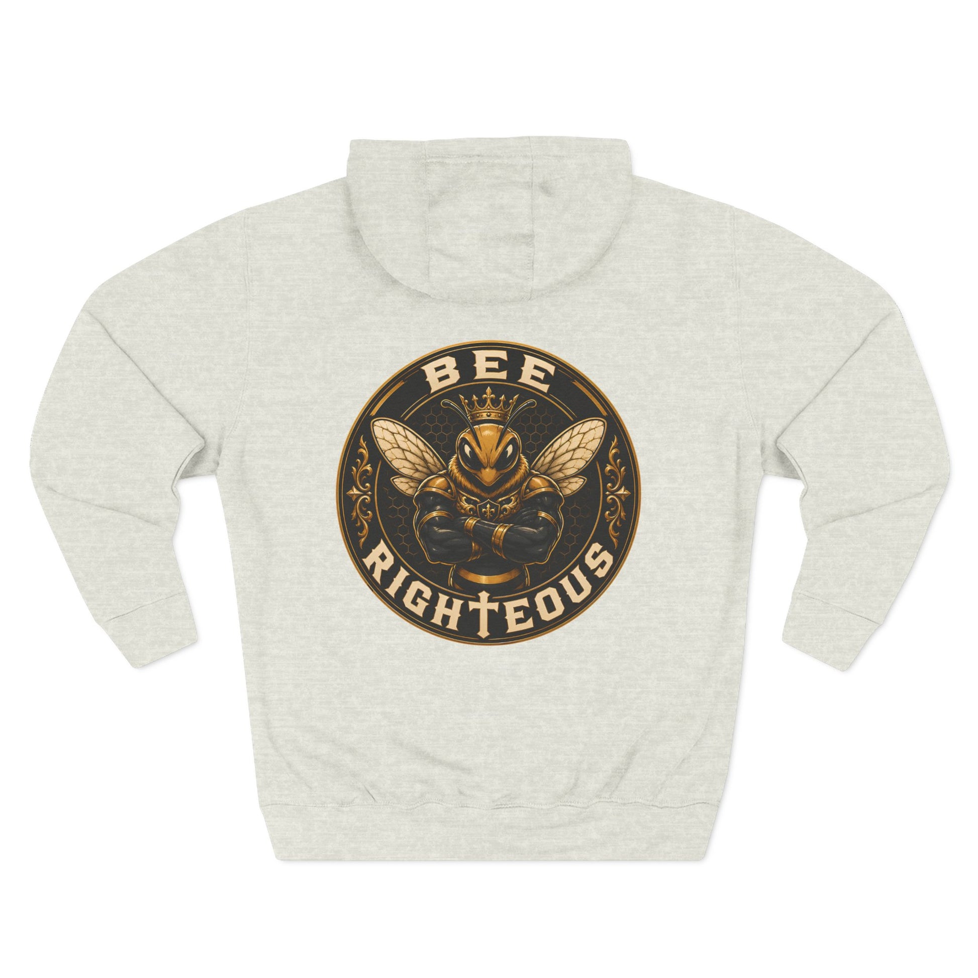 Light gray hoodie with 'BEE RIGHTEOUS' graphic on a white background