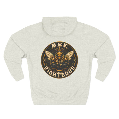 Light gray hoodie with 'BEE RIGHTEOUS' graphic on a white background