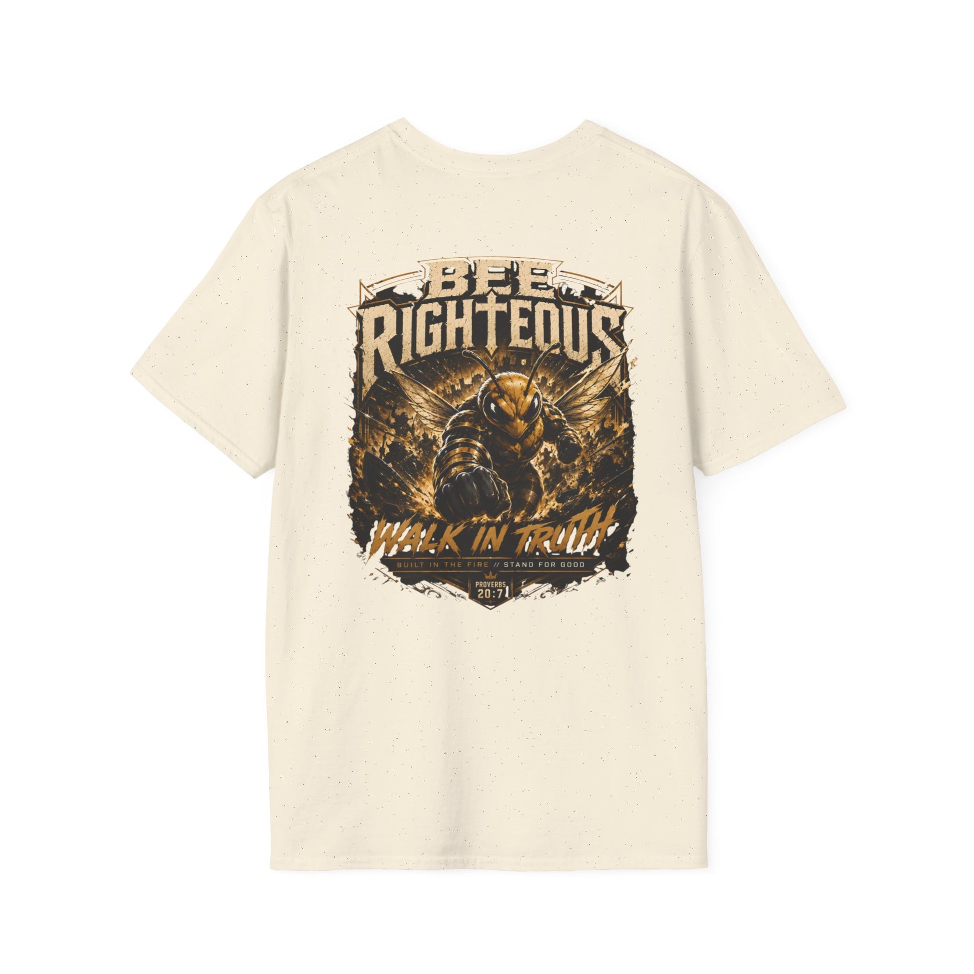 Beige t-shirt with graphic design and text on a white background