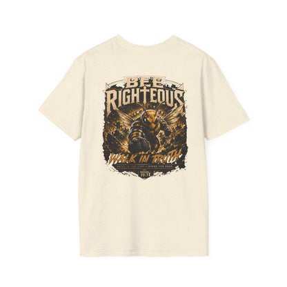 Beige t-shirt with graphic design and text on a white background