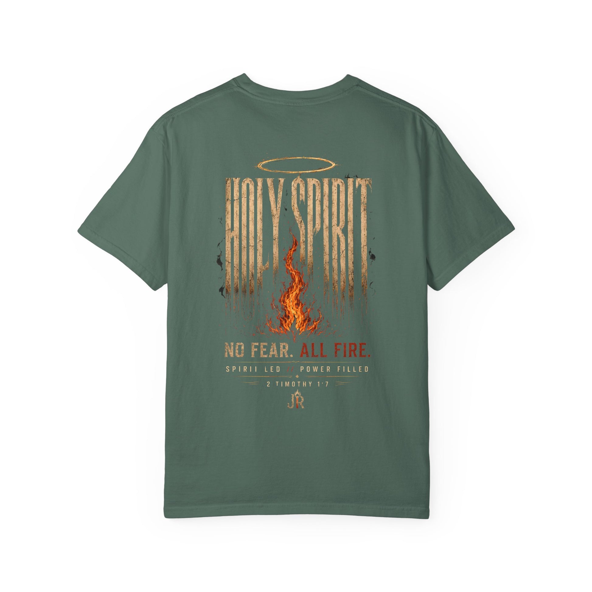 Green t-shirt with 'Holy Spirit, No Fear. All Fire' design on a white background