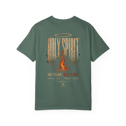 Green t-shirt with 'Holy Spirit, No Fear. All Fire' design on a white background