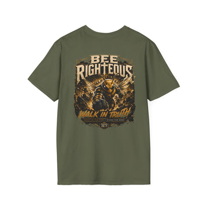 Green t-shirt with graphic design and text on a white background