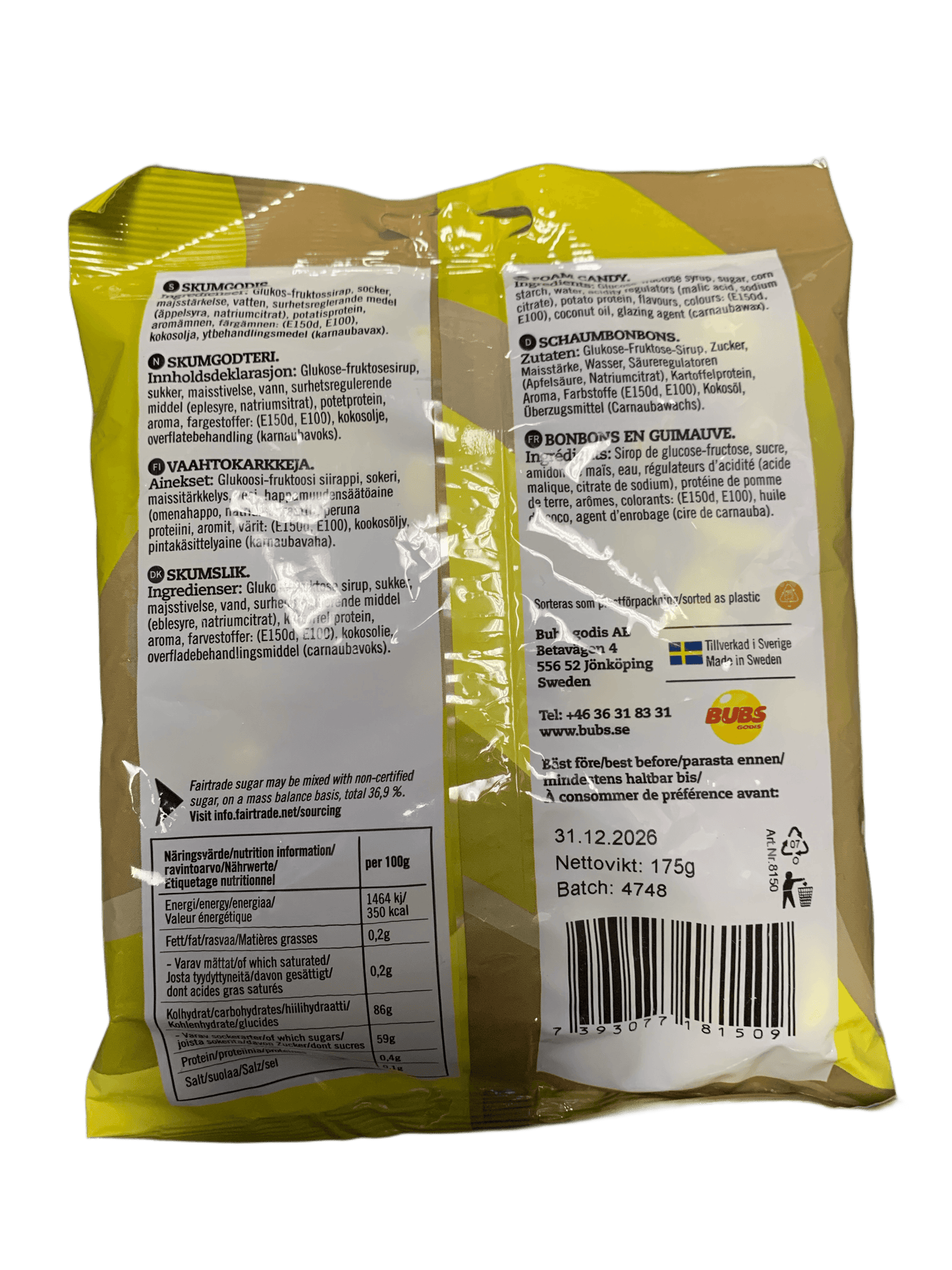 Bubs Goody Sour Ovals Banana Toffee Candy 175G - Swedish Edition