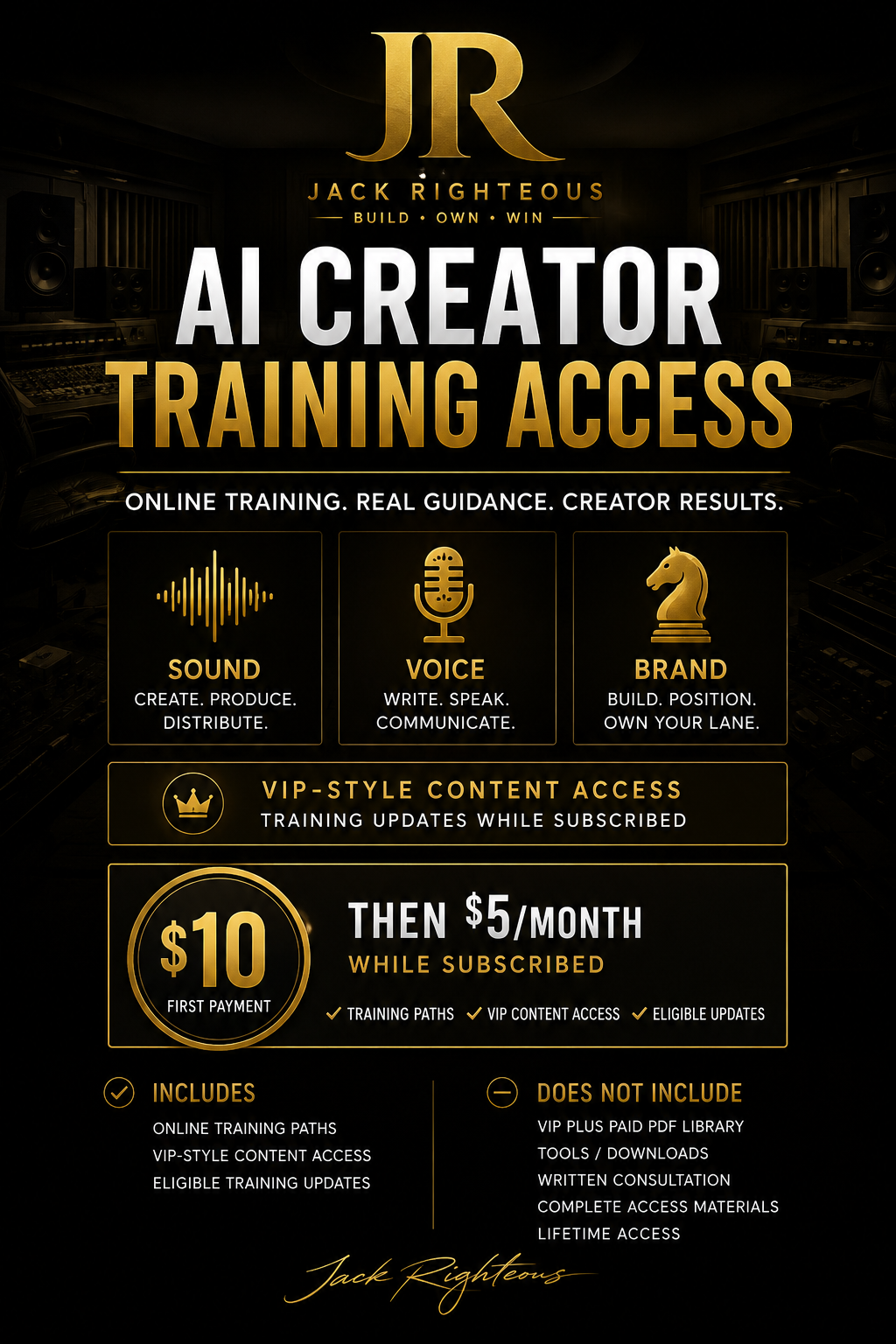 Promotional graphic for AI Creator Training Access with branding and pricing details.