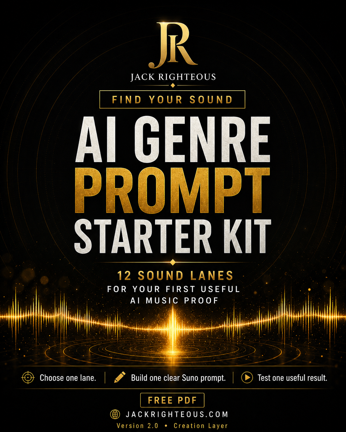 Promotional graphic for Jack Righteous' AI Genre Prompt Starter Kit with sound wave design on a dark background.