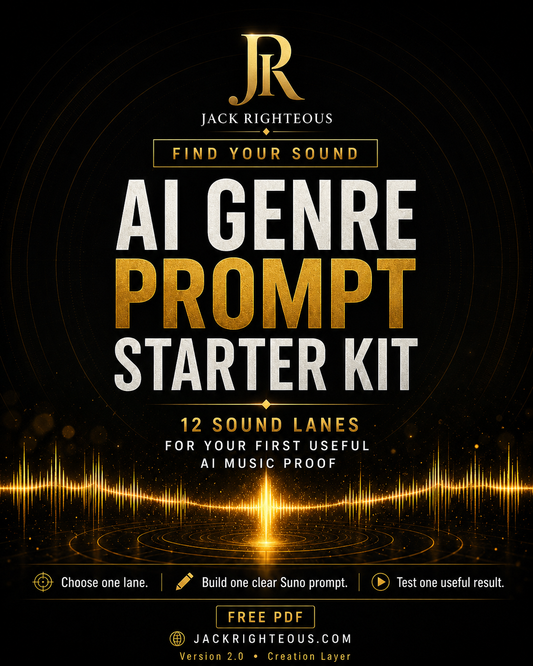 Promotional graphic for Jack Righteous' AI Genre Prompt Starter Kit with sound wave design on a dark background.