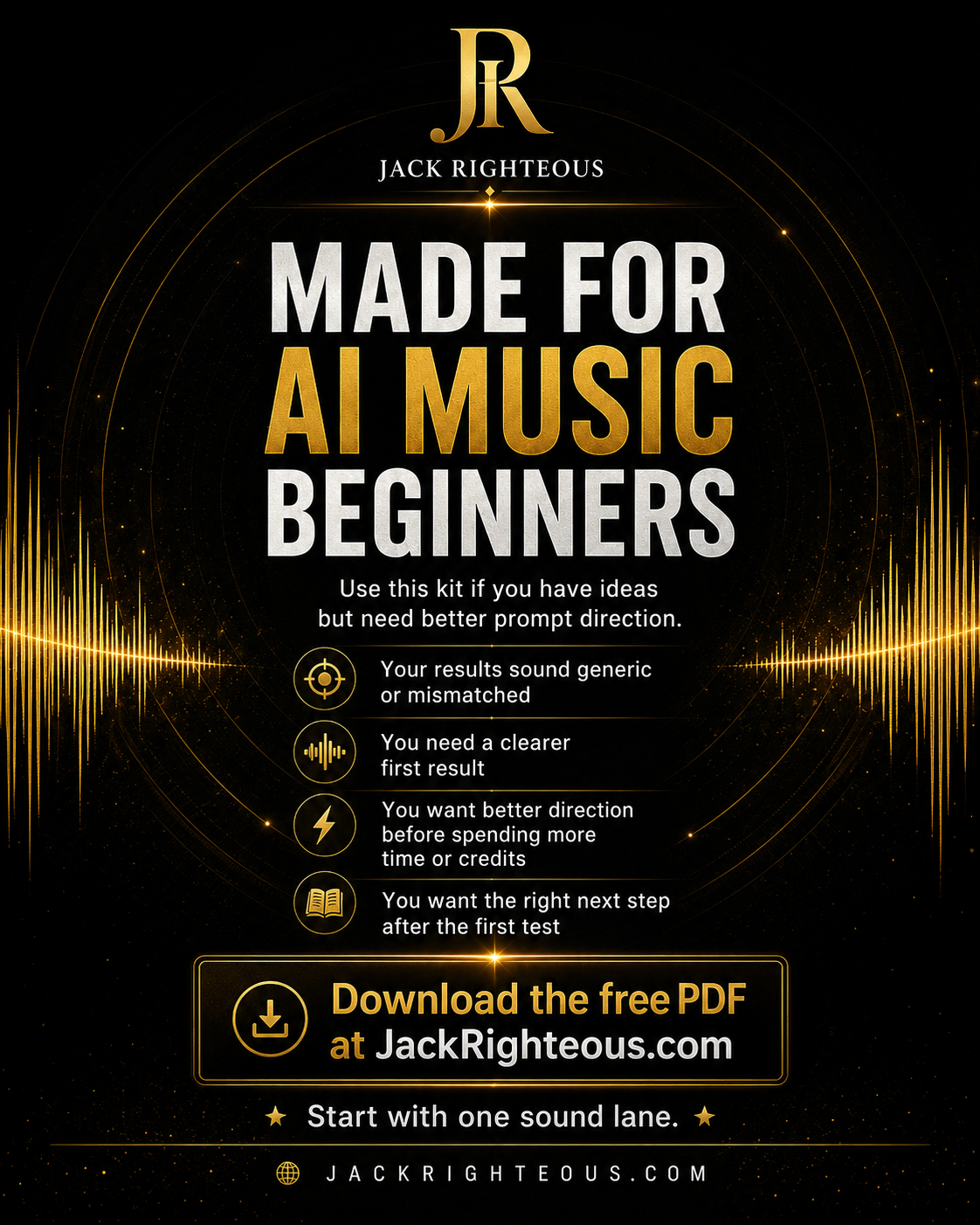 Promotional graphic for Jack Righteous AI music kit with sound wave design on a black background.