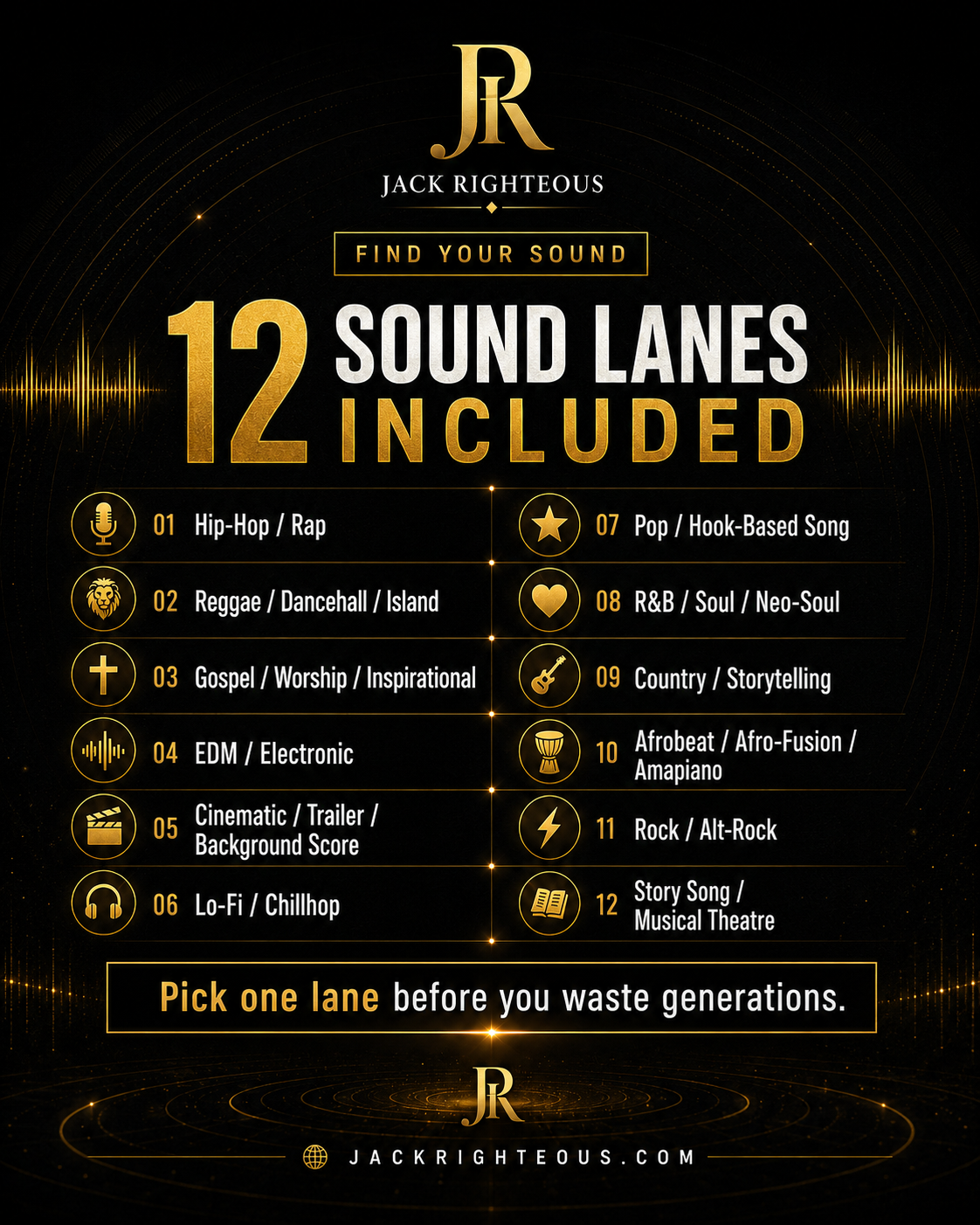 Promotional graphic for Jack Righteous music production software with sound lane options on a dark background.