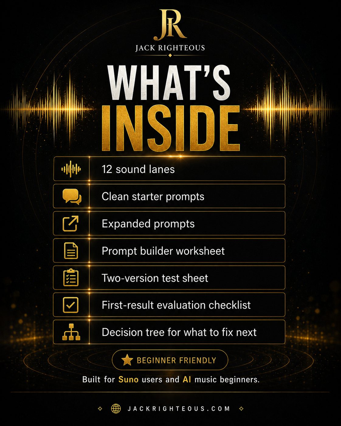 Promotional graphic for Jack Righteous' product with features listed on a dark background.