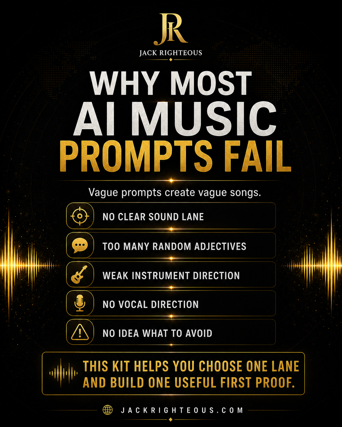 Promotional graphic about AI music prompts with text and branding on a dark background