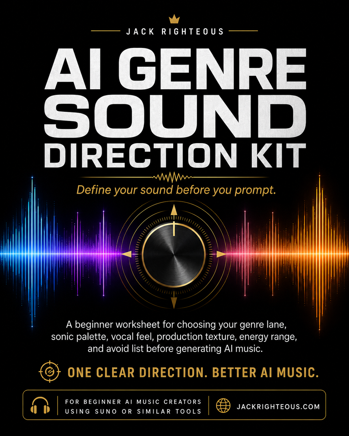 Promotional image for 'AI Genre Sound Direction Kit' with sound wave graphics on a black background.