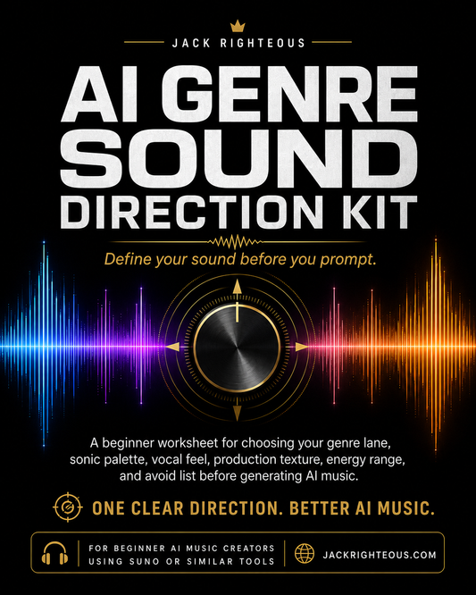 Promotional image for 'AI Genre Sound Direction Kit' with sound wave graphics on a black background.