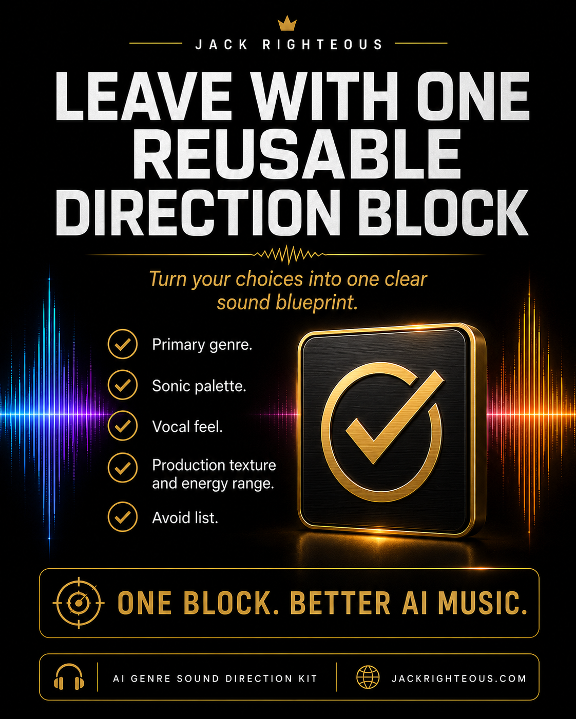 Promotional graphic for Jack Righteous AI music production tool with text and logo on a dark background.