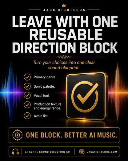 Promotional graphic for Jack Righteous AI music production tool with text and logo on a dark background.