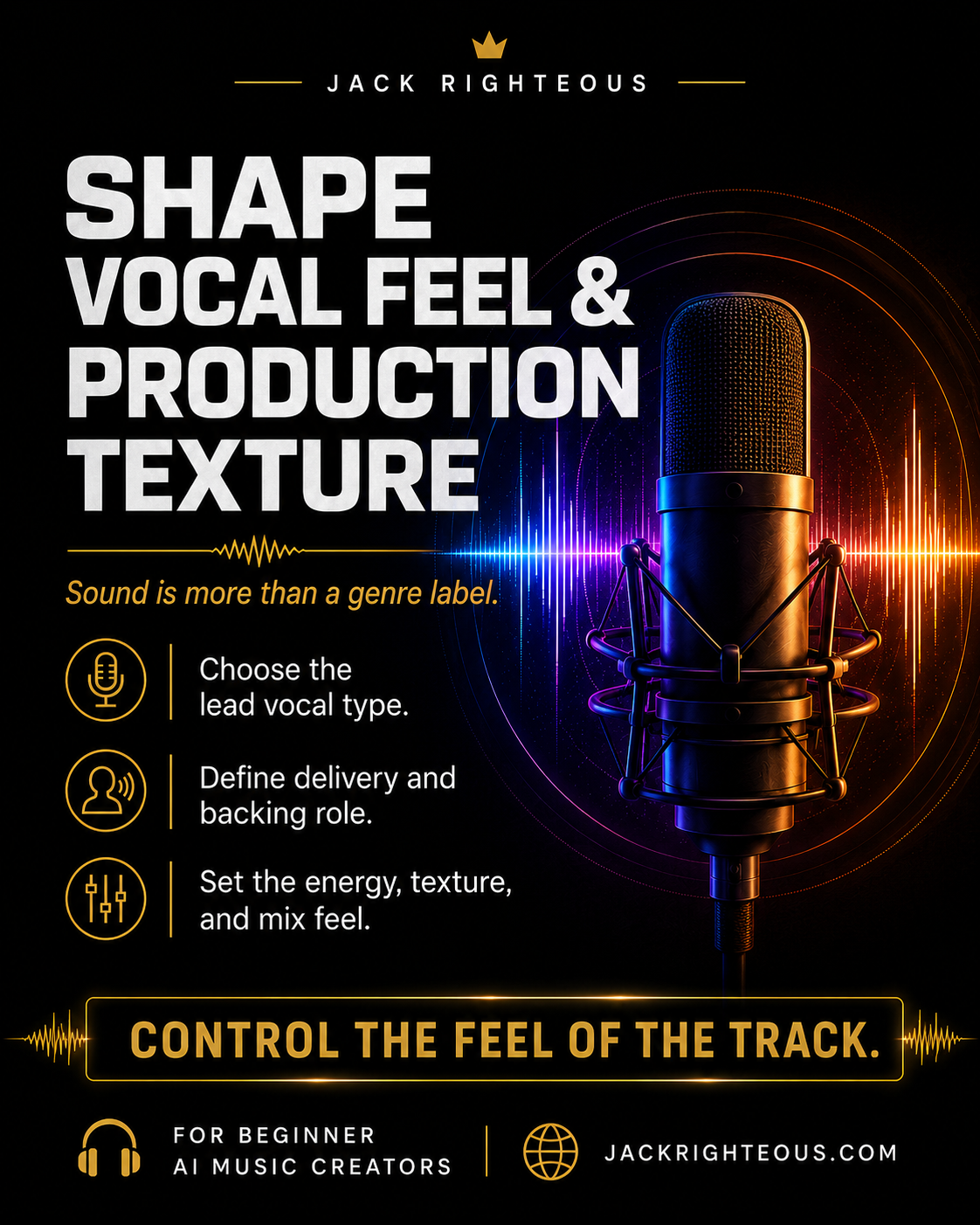 Promotional graphic for Jack Righteous with a microphone and text about vocal feel and production texture.