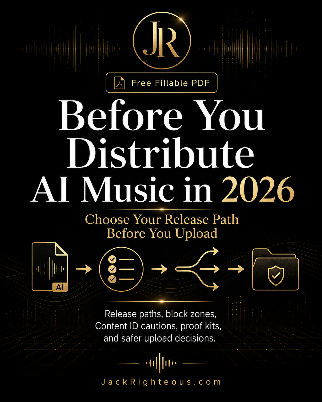 Promotional graphic for AI music distribution guidelines with JR logo and text on a dark background.