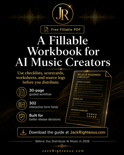 Promotional image for a fillable workbook for AI music creators with text and logo on a dark background.