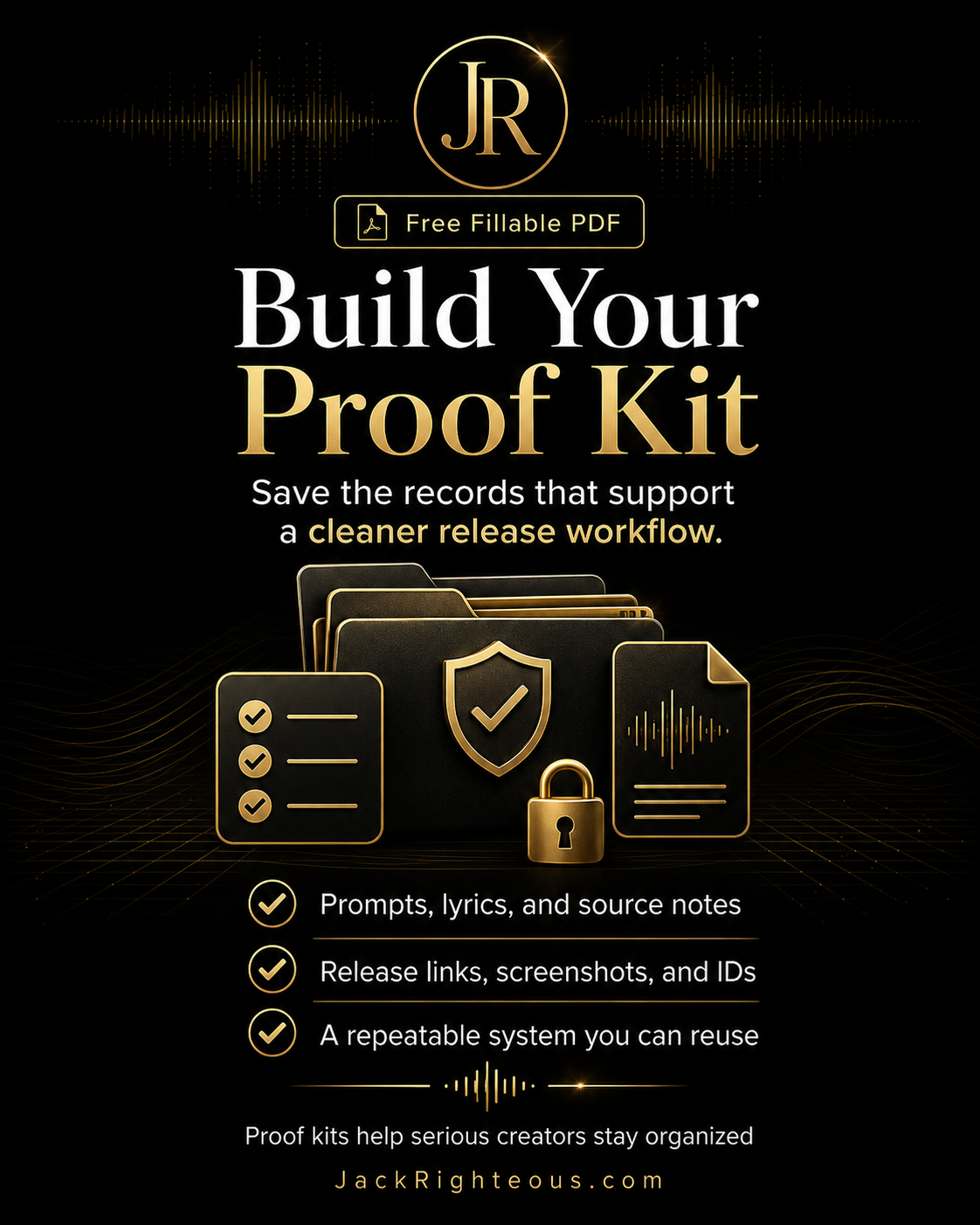 Advertisement for 'Build Your Proof Kit' with icons and text on a black background