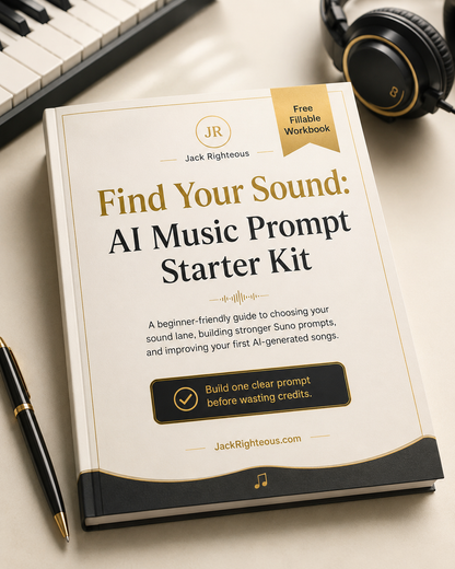 Book titled 'Find Your Sound: AI Music Prompt Starter Kit' by Jack Righteous on a surface with a pen and headphones.