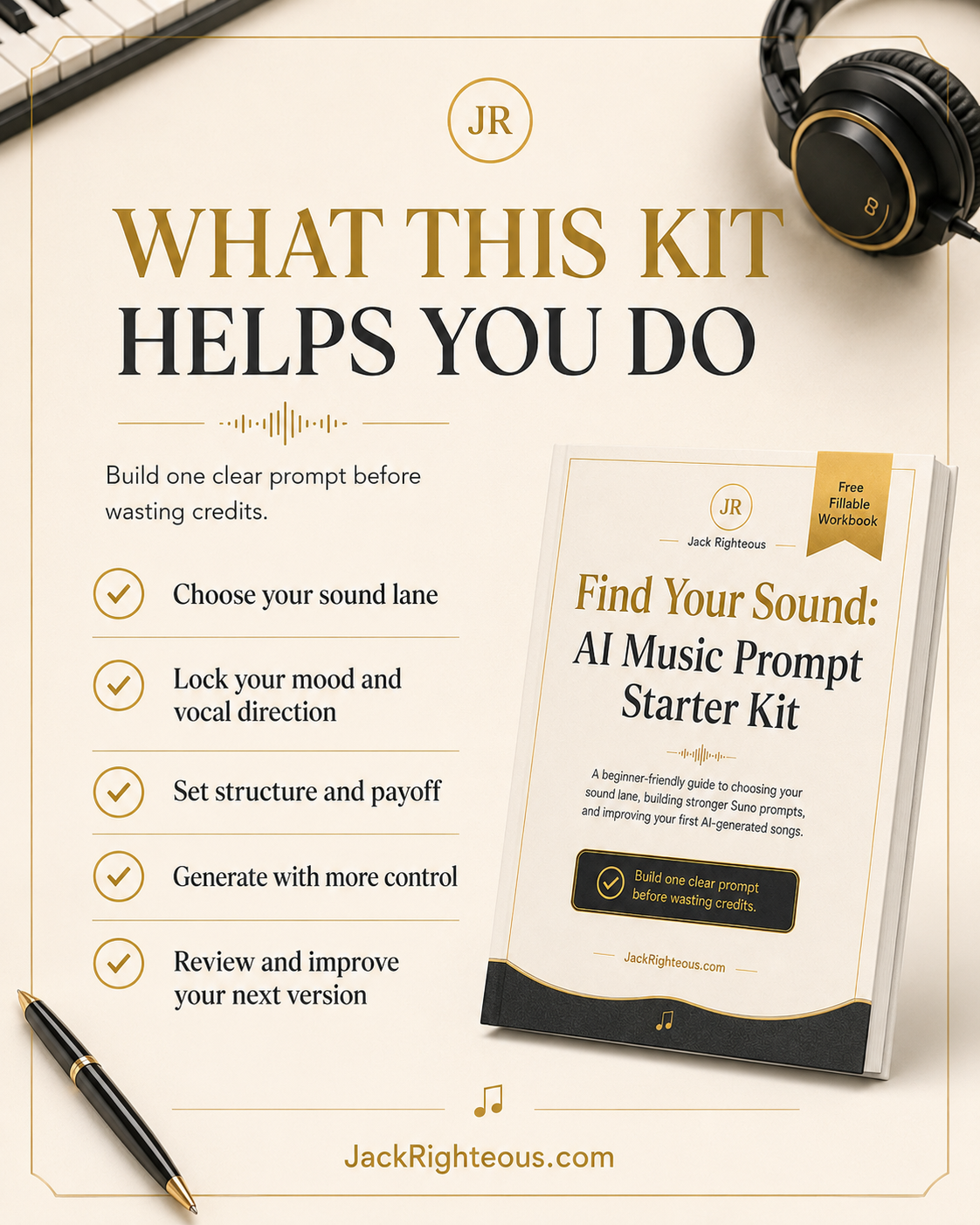 Promotional image of 'Find Your Sound: AI Music Prompt Starter Kit' by Jack Righteous with a pen, workbook, and headphones on a light background.
