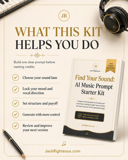 Promotional image of 'Find Your Sound: AI Music Prompt Starter Kit' by Jack Righteous with a pen, workbook, and headphones on a light background.