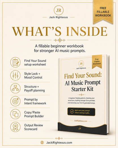 Promotional graphic for 'Find Your Sound: AI Music Prompt Starter Kit' by Jack Righteous, featuring a workbook and key features.