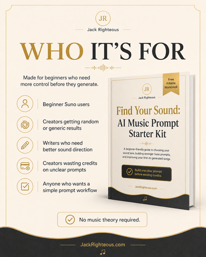 Promotional graphic for 'Find Your Sound: AI Music Prompt Starter Kit' by Jack Righteous, featuring a book and text about its target audience.