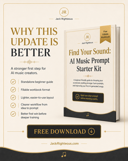 Promotional graphic for 'Find Your Sound: AI Music Prompt Starter Kit' by Jack Righteous with book design elements.