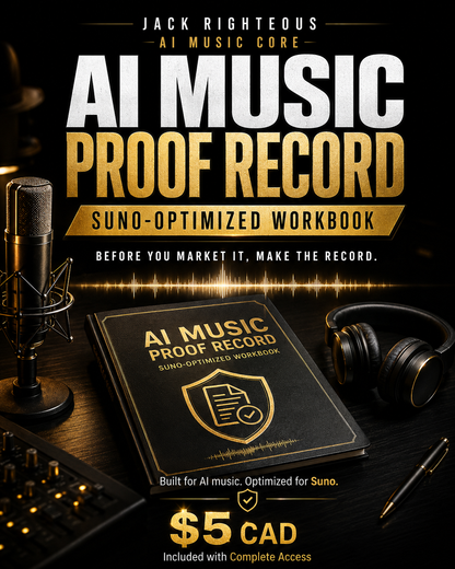 AI Music Proof Record workbook with microphone, headphones, and pen on a dark background