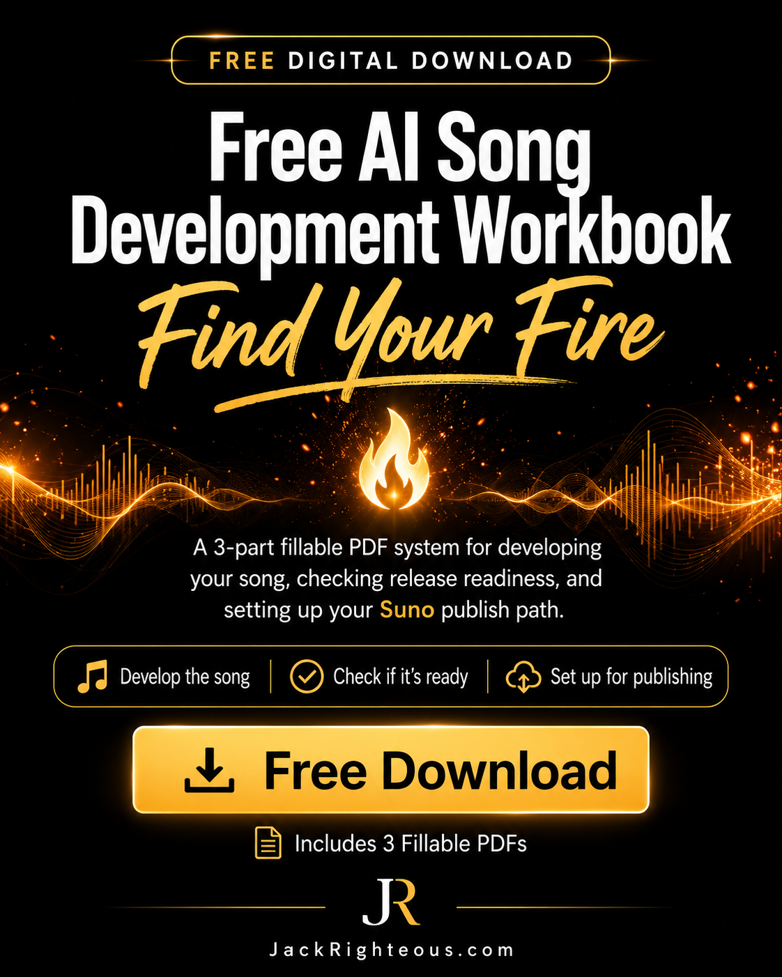 Promotional graphic for a digital download workbook titled 'Free AI Song Development Workbook' with the subtitle 'Find Your Fire' on a black background. The design uses white and gold typography, a flame icon, soundwave graphics, and a large 'Free Download' button.