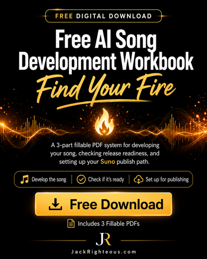 Promotional graphic for a digital download workbook titled 'Free AI Song Development Workbook' with the subtitle 'Find Your Fire' on a black background. The design uses white and gold typography, a flame icon, soundwave graphics, and a large 'Free Download' button.