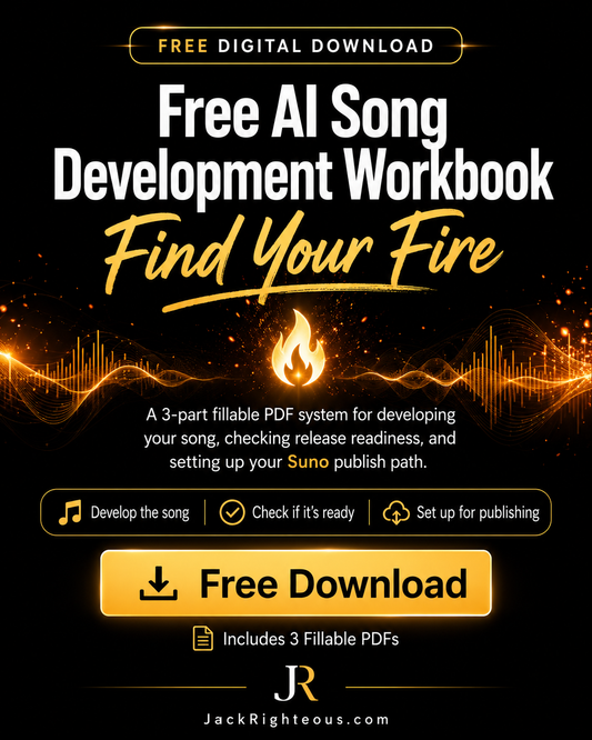 Promotional graphic for a digital download workbook titled 'Free AI Song Development Workbook' with the subtitle 'Find Your Fire' on a black background. The design uses white and gold typography, a flame icon, soundwave graphics, and a large 'Free Download' button.