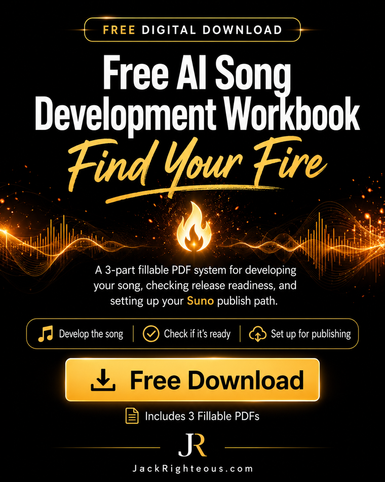 Promotional graphic for a digital download workbook titled 'Free AI Song Development Workbook' with the subtitle 'Find Your Fire' on a black background. The design uses white and gold typography, a flame icon, soundwave graphics, and a large 'Free Download' button.