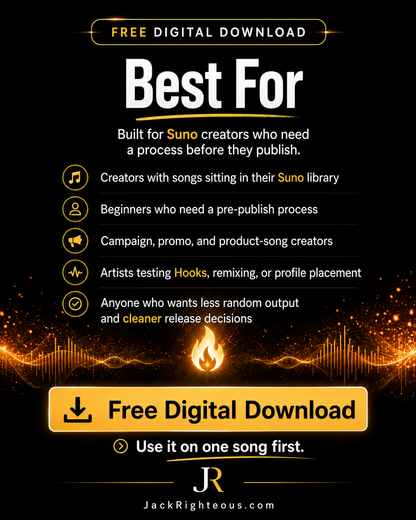Digital promotional graphic for a free digital download titled 'Best For' designed for Suno creators. The black background features white and gold text, a list of target user groups with icons, a glowing flame graphic, an orange download button, and the website JackRighteous.