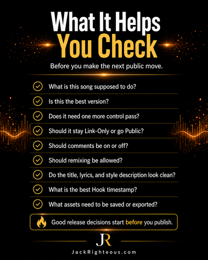 A digital checklist graphic titled 'What It Helps You Check' on a black background with gold and white text, listing pre-publication song review questions with checkmarks, plus the Jack Righteous branding at the bottom.