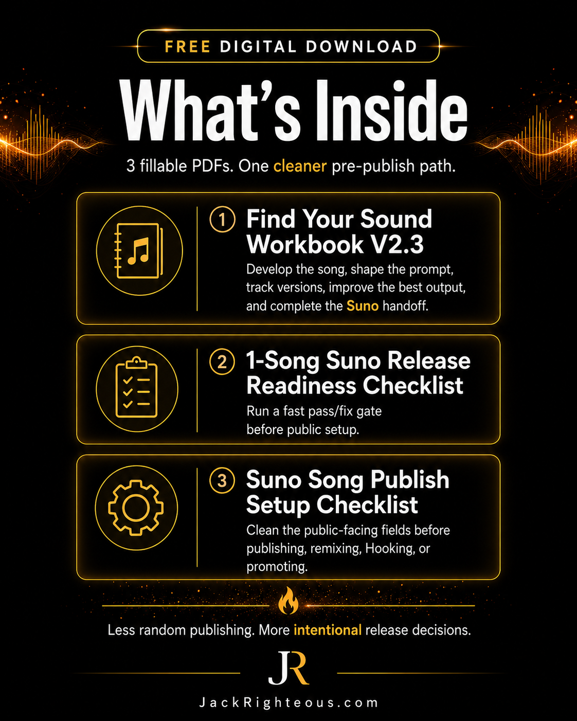 A digital promotional graphic for a free digital download titled 'What's Inside' by Jack Righteous. The design is black with white and gold text and glowing orange accents, outlining three included fillable PDFs: a sound workbook, a release readiness checklist, and a publish setup checklist.