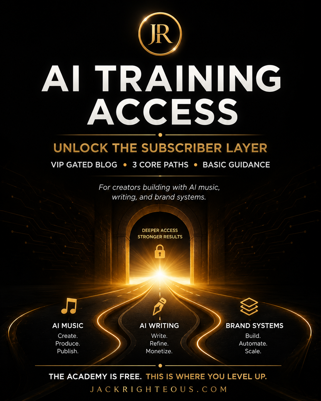 Promotional graphic for AI Training Access with a glowing tunnel leading to 'Unlock the Subscriber Layer'.