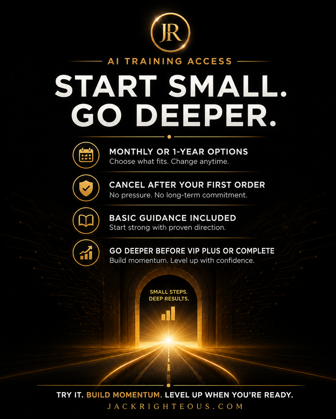 Promotional graphic for AI training access with a tunnel metaphor on a black background.