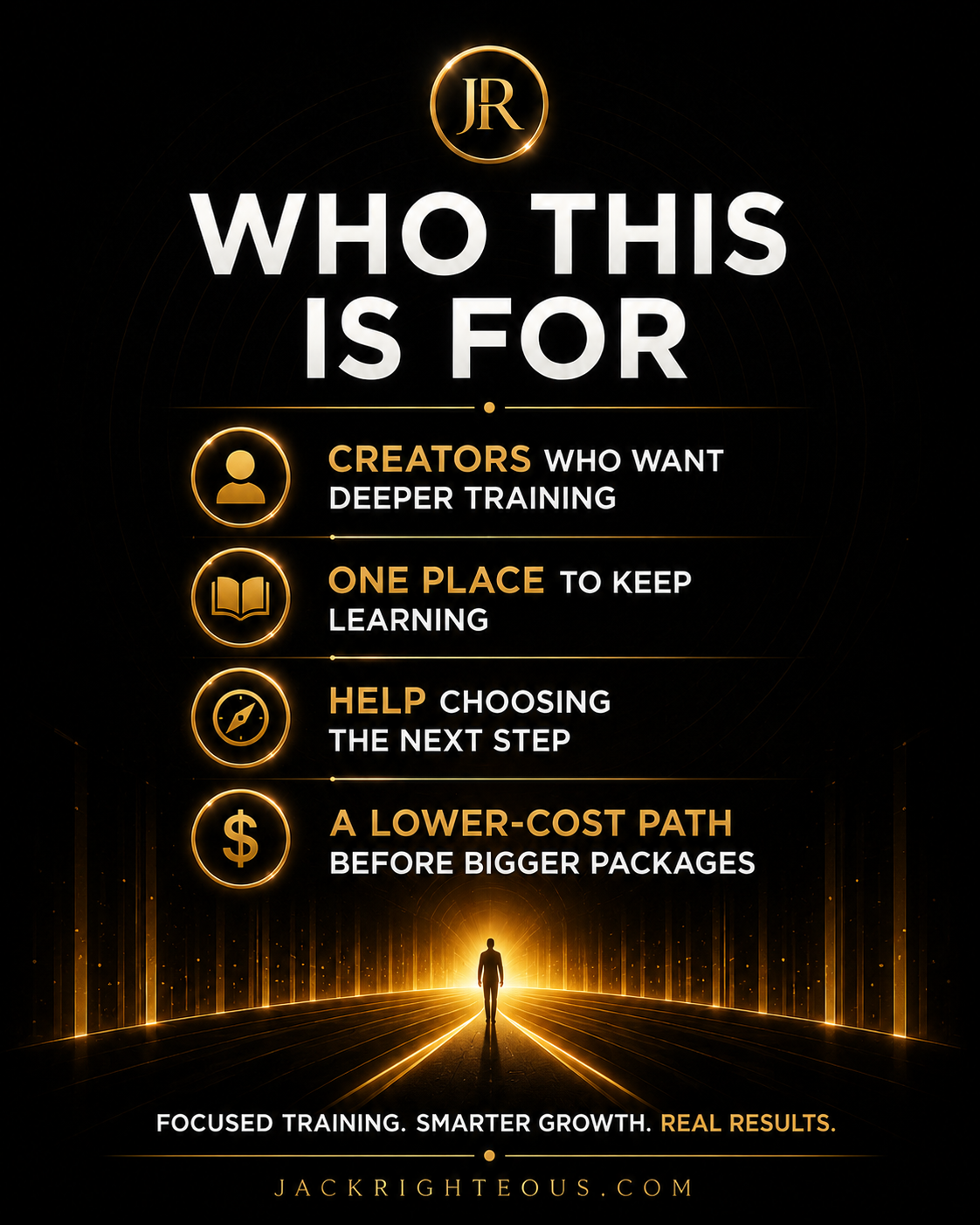 Promotional graphic for JR with text about target audience and benefits, set against a dark background with glowing path.