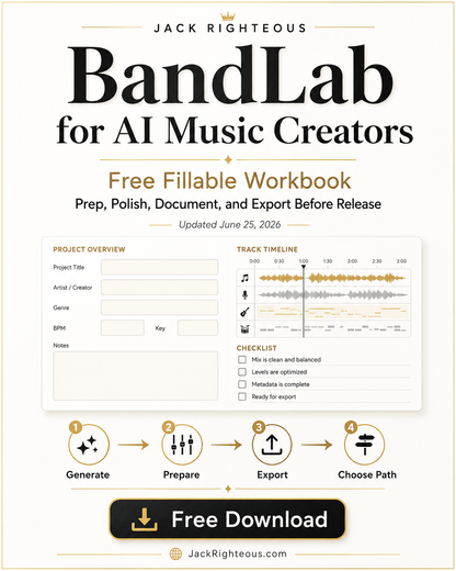 Promotional slide for BandLab for AI Music Creators showing how BandLab helps prepare AI music before release with fixing, recording, mastering, and export steps.