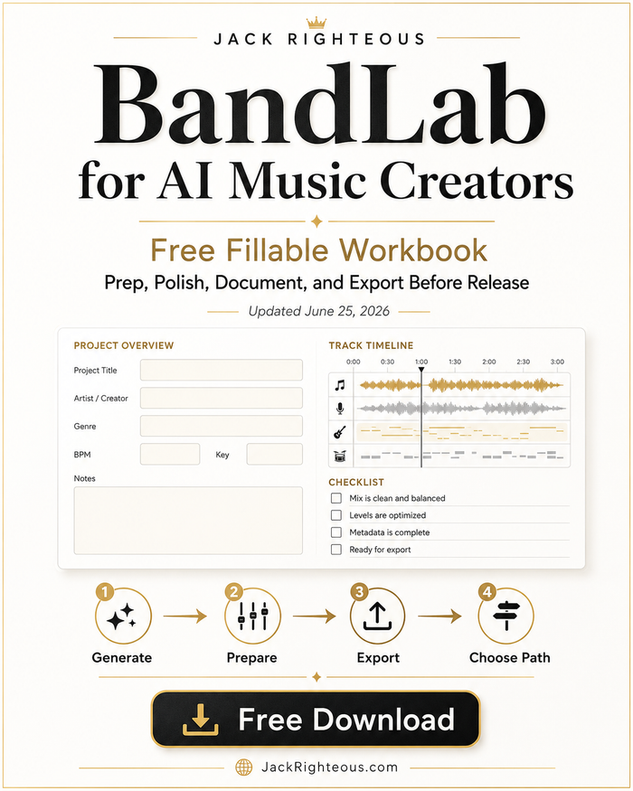 Promotional slide for BandLab for AI Music Creators showing how BandLab helps prepare AI music before release with fixing, recording, mastering, and export steps.