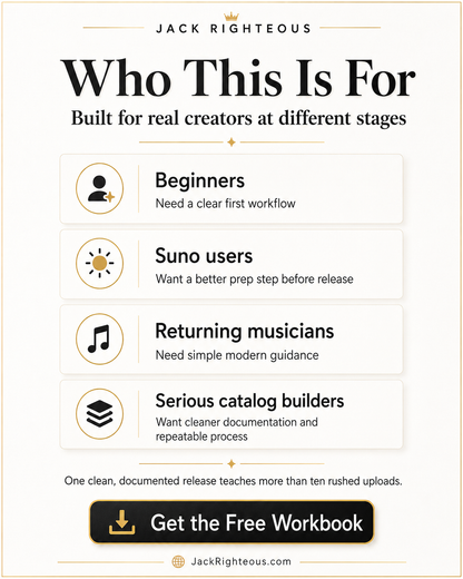 Who This Is For slide showing the BandLab workbook is for beginners, Suno users, returning musicians, and serious catalog builders.
