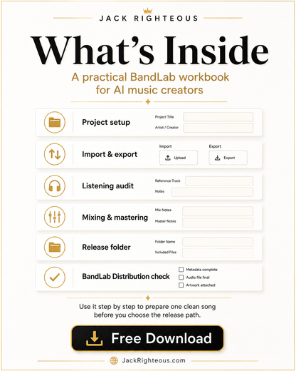 What’s Inside slide for the BandLab for AI Music Creators workbook showing project setup, import and export, listening audit, mixing and mastering, release folder, and distribution check.