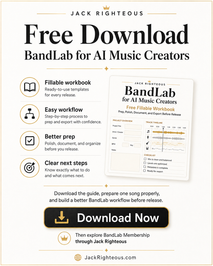 Free Download slide for BandLab for AI Music Creators showing fillable workbook, easy workflow, better prep, clear next steps, and BandLab Membership through Jack Righteous.
