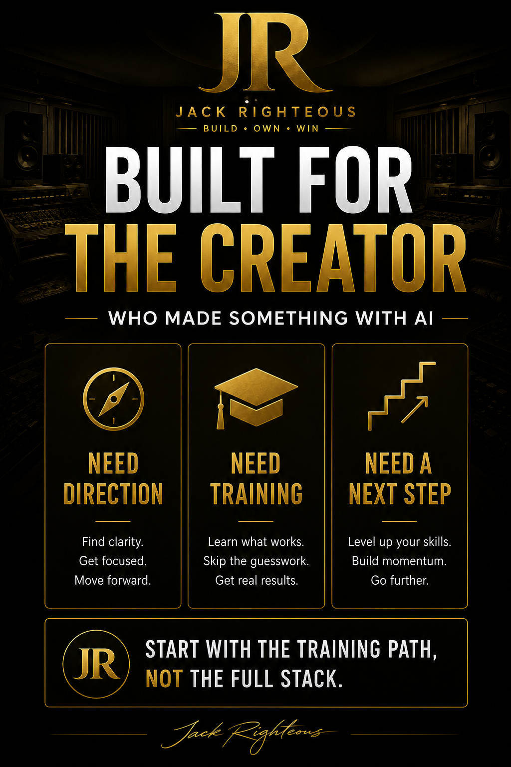 Promotional graphic for 'Built for the Creator' by Jack Righteous, with text and icons on a dark background.