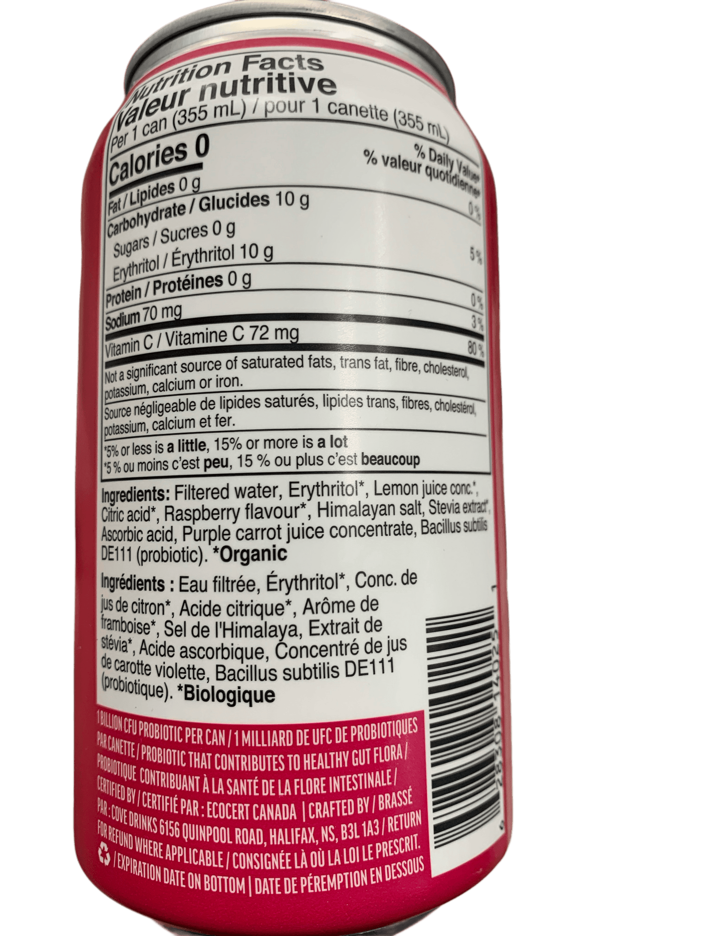 Cove Prebiotic Raspberry Flavoured Soda 355ML - Canadian Edition
